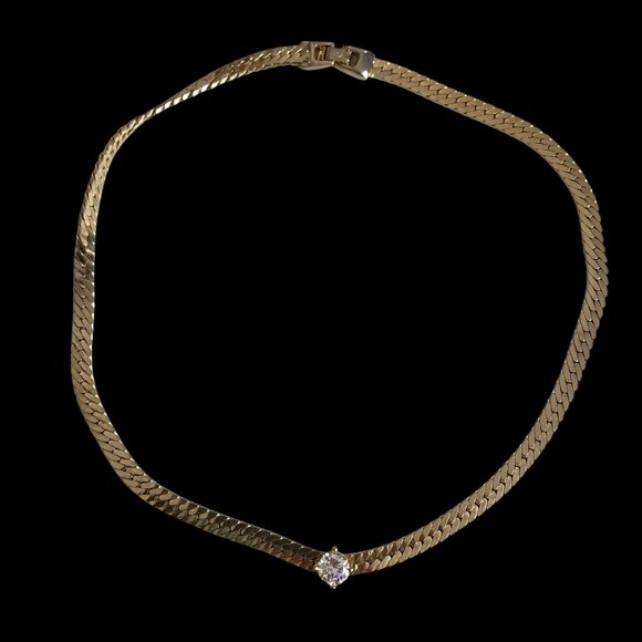 Vintage Gold Tone Solitaire Rhinesotne Necklace Herringbone Chain 17in Korea - Picture 4 of 13